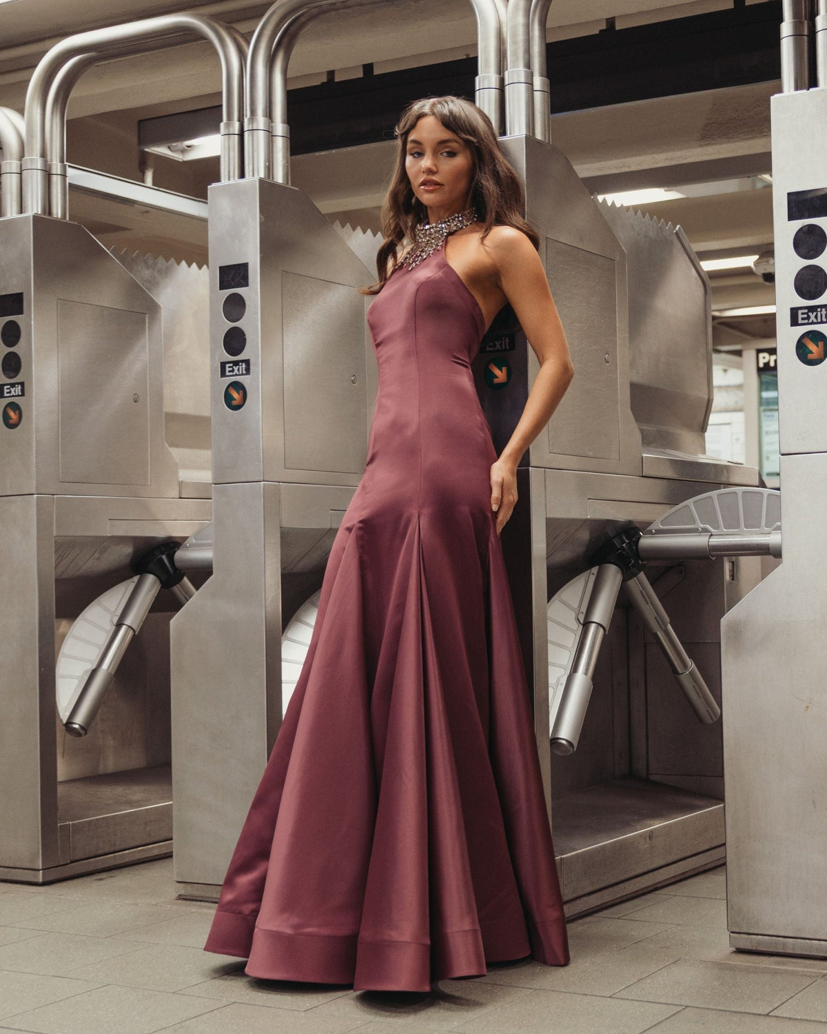 Deep Plum Satin Embellished Halter Mermaid Gown
