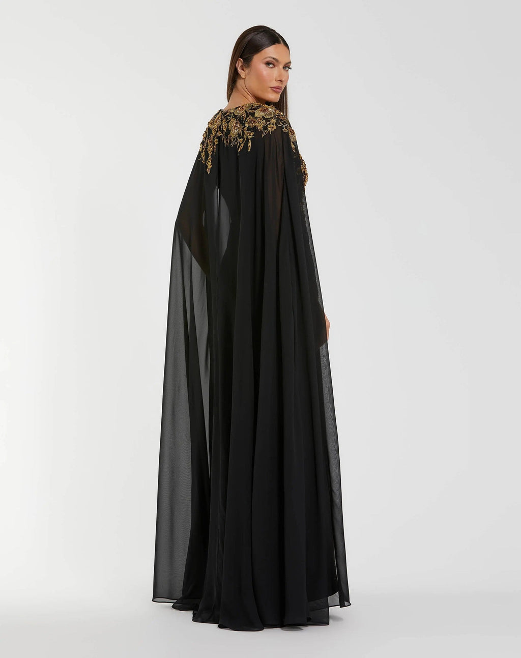 Black Gold Embellished Column Gown with Chiffon Cape Sleeves