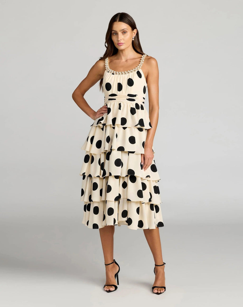 Beige Pearl Embellished Polka Dot Midi Dress