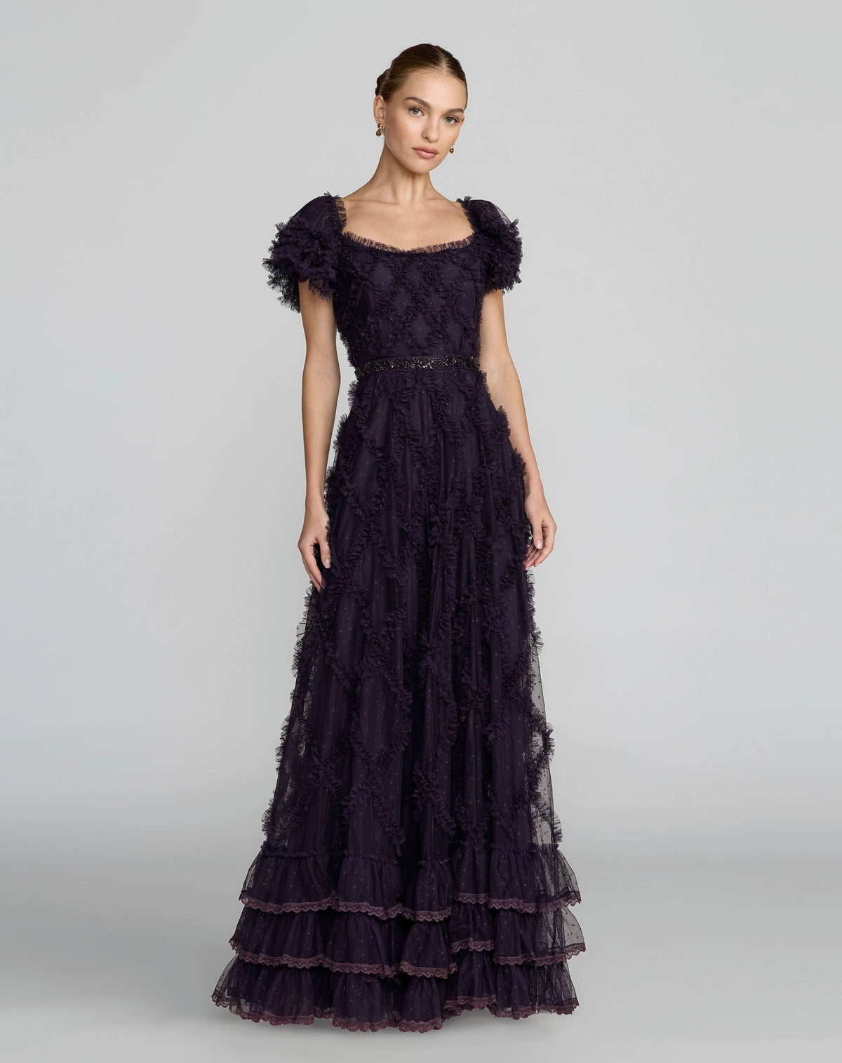 Midnight Tiered Ruffle Puff Sleeve Gown