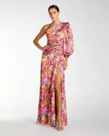 Multi Floral One Shoulder Charmeuse Gown With Slit