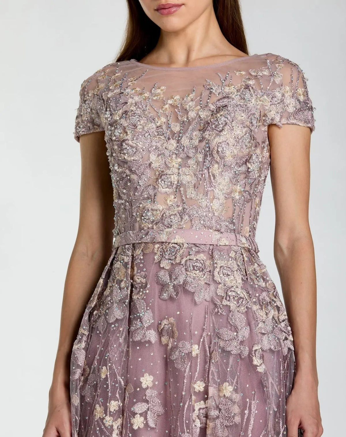 Purple Embroidered Cap Sleeve High Neck Midi Dress