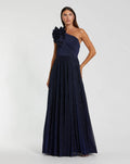 Navy Pleated One Shoulder Ruffle Gown