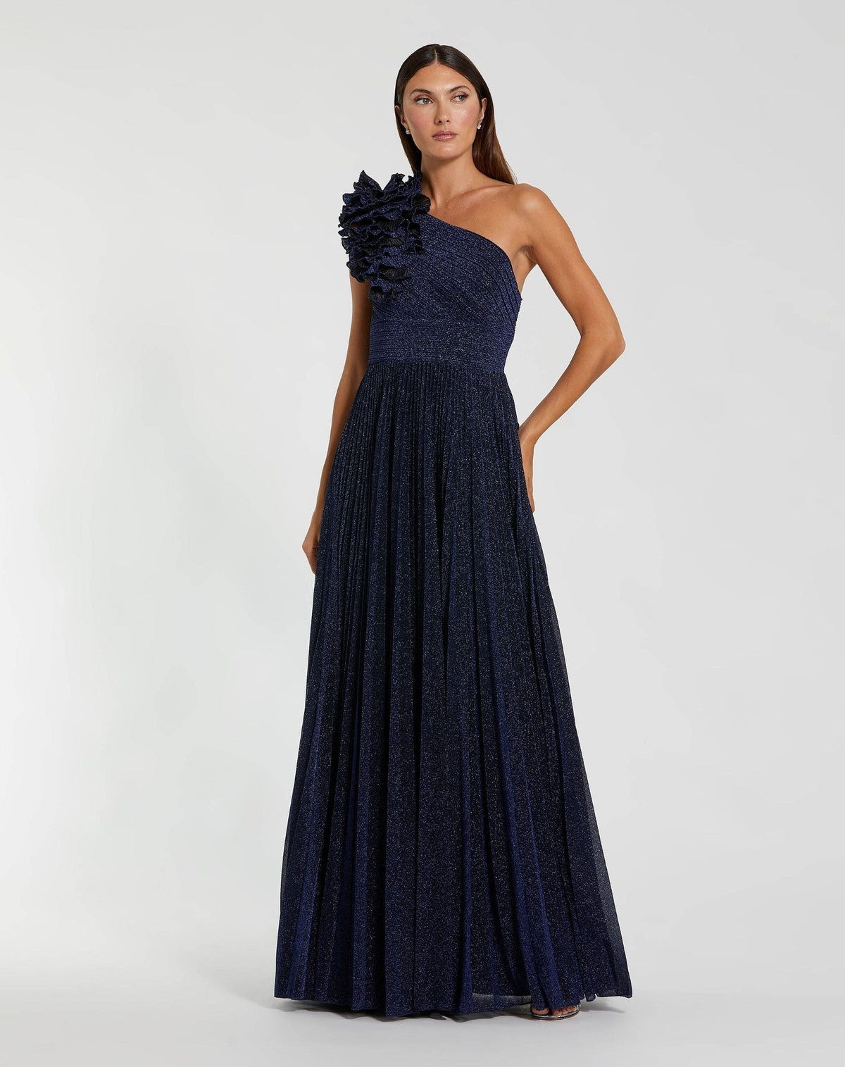 Navy Pleated One Shoulder Ruffle Gown
