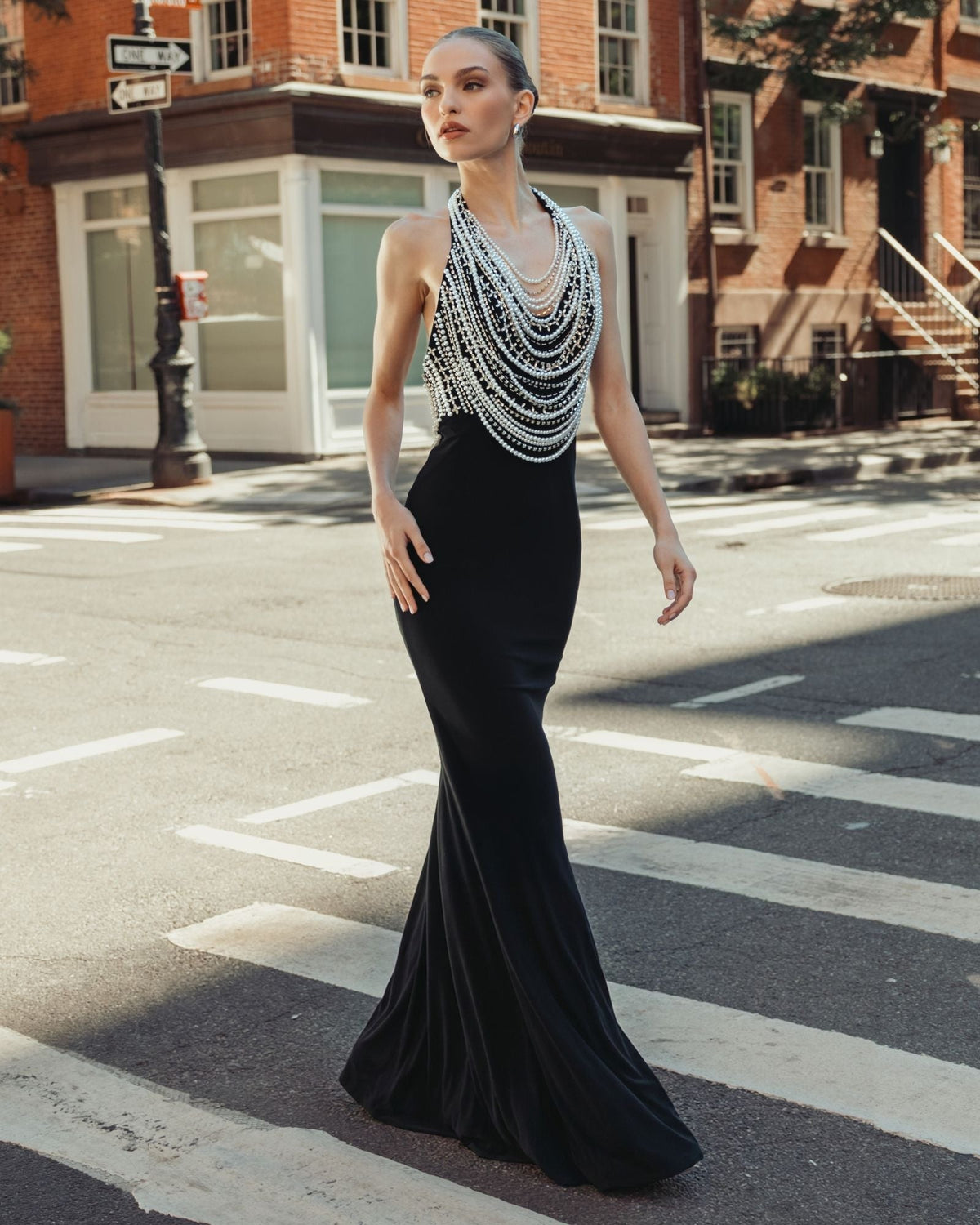 Black Beaded Halter Neck Jersey Gown