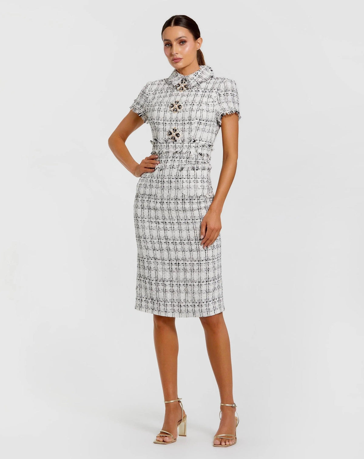 Ivory Fitted Boucle Short Sleeve Button Up Midi Dress