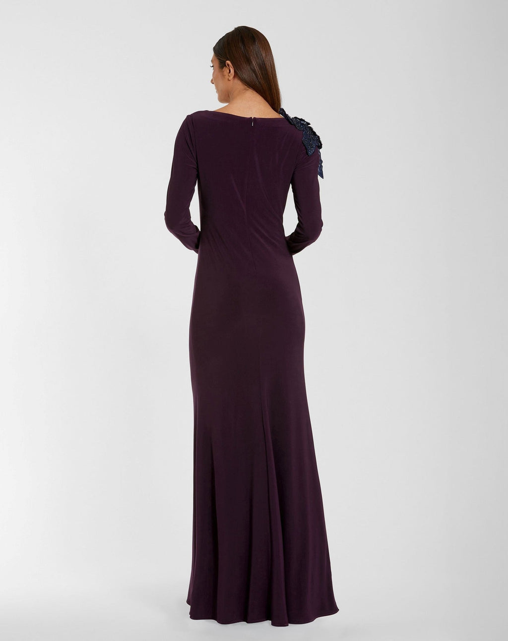 Amethyst Long Sleeve Jersey Gown With Embellished Flower