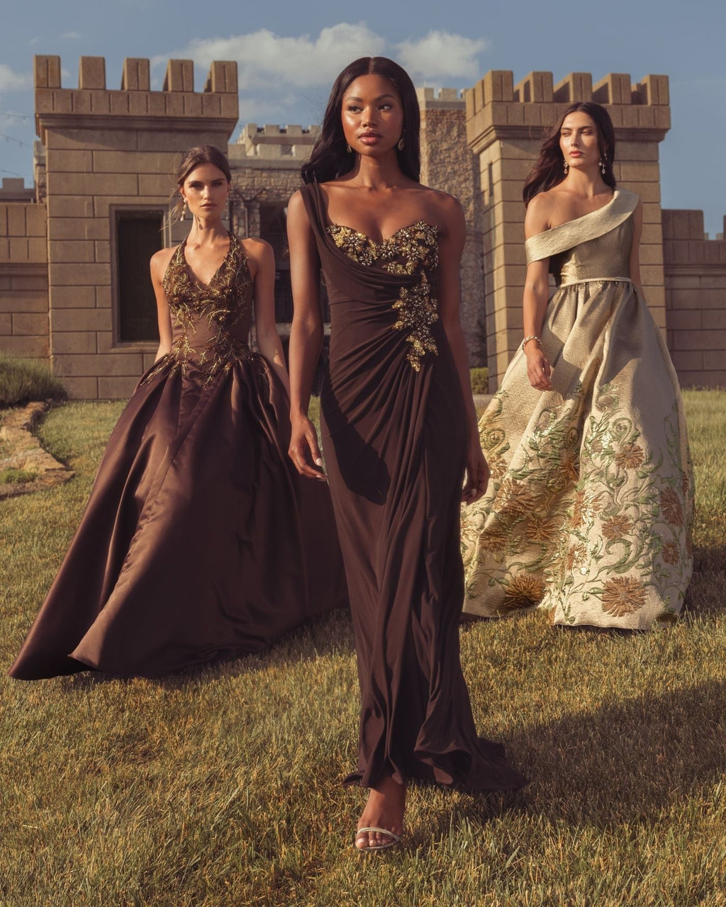 Brown One Shoulder Embellished Jersey Gown