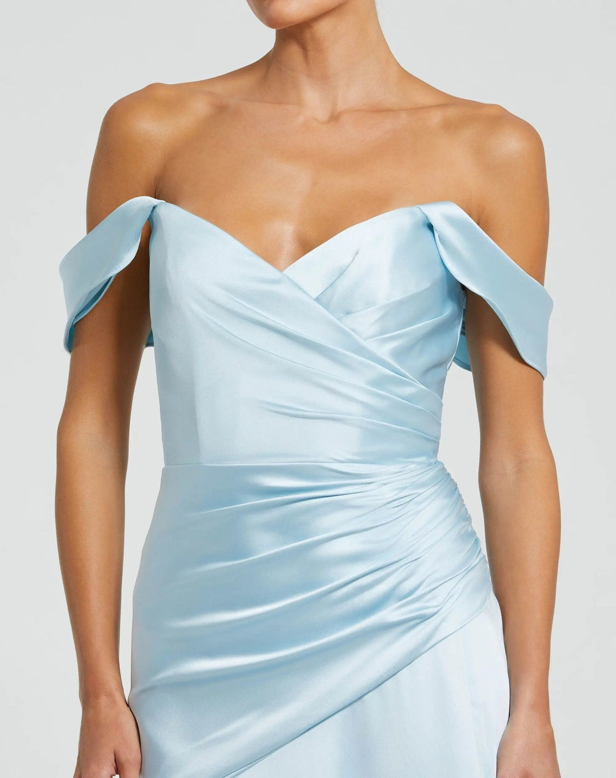 Blue Satin Off The Shoulder Crossover Gown