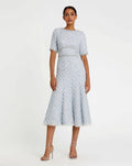 Blue Multi Short Sleeve Beaded Trim Boucle Midi Dress