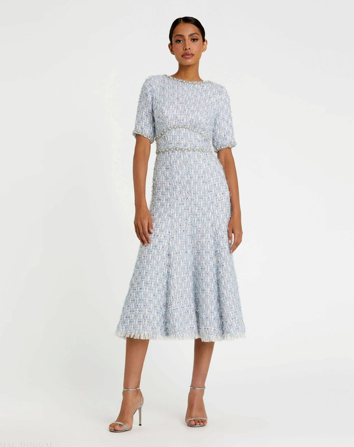 Blue Multi Short Sleeve Beaded Trim Boucle Midi Dress