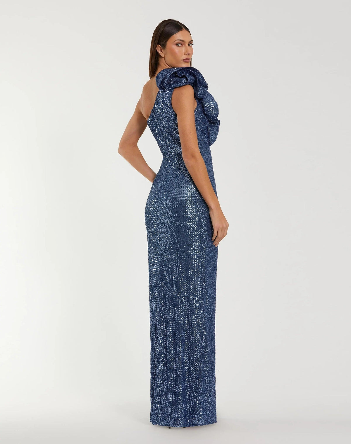 Ocean One Shoulder Sequin Gown With Ruffle Detail