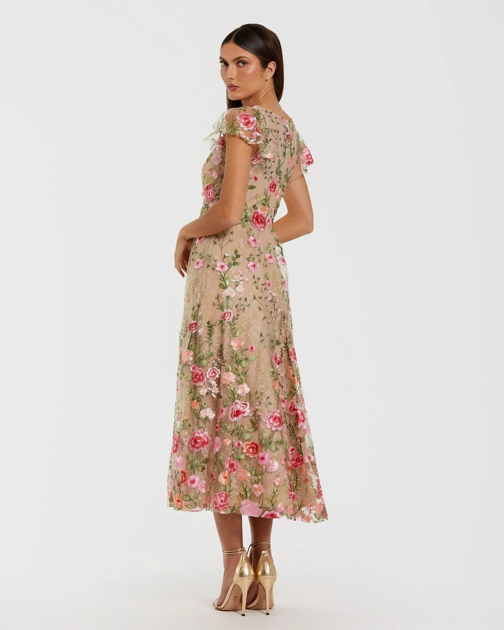 Nude Multi Floral Embroidered Flutter Sleeve Midi Dress