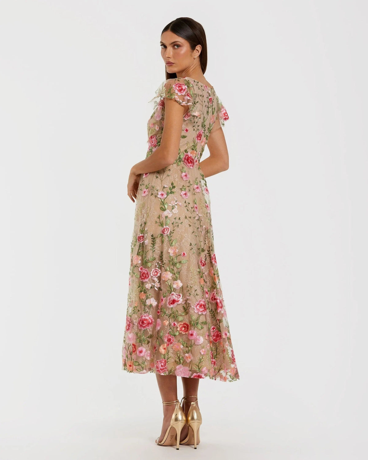 Nude Multi Floral Embroidered Flutter Sleeve Midi Dress