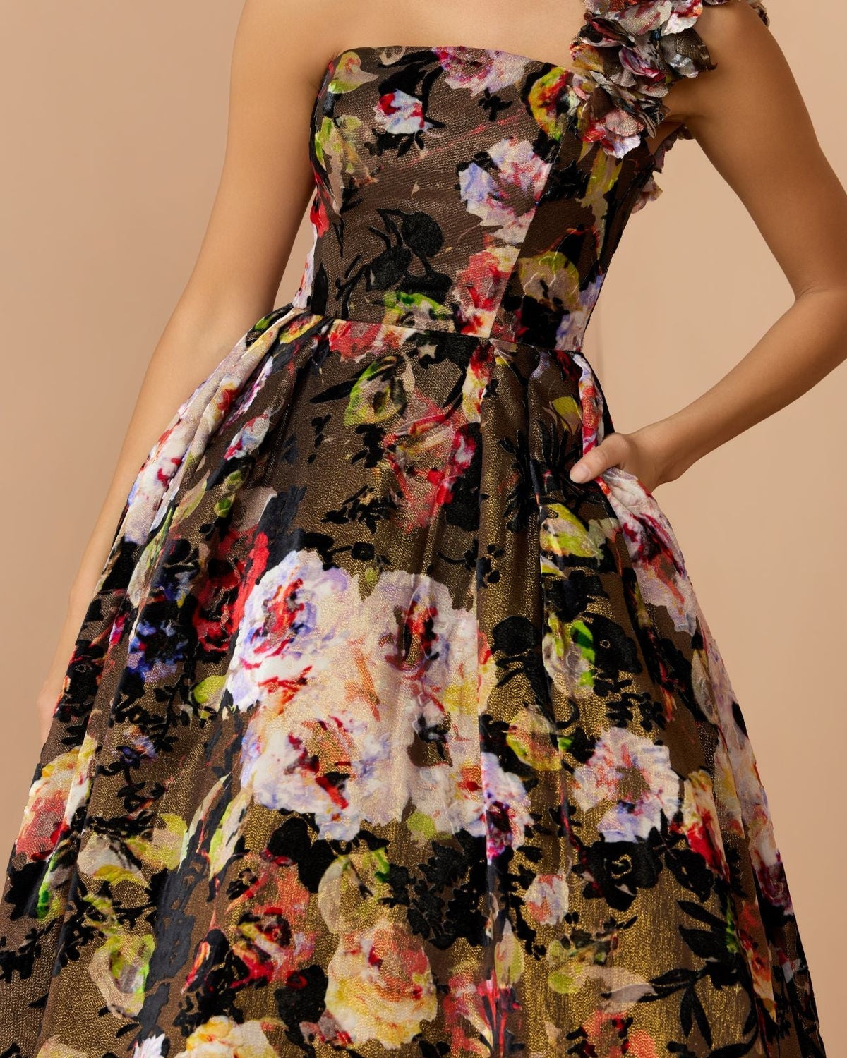 Black Multi Floral Velvet Ball Gown With Pockets