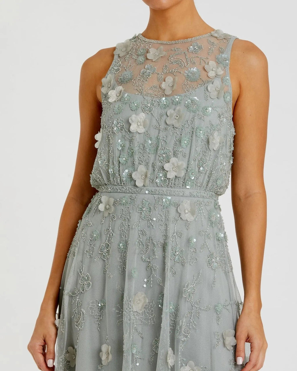 Sage Floral Embellished Sleeveless Midi Dress