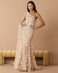 Porcelain One Shoulder Embellished Gown With Cape Sleeve