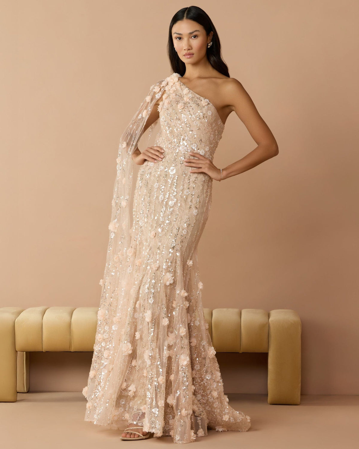 Porcelain One Shoulder Embellished Gown With Cape Sleeve