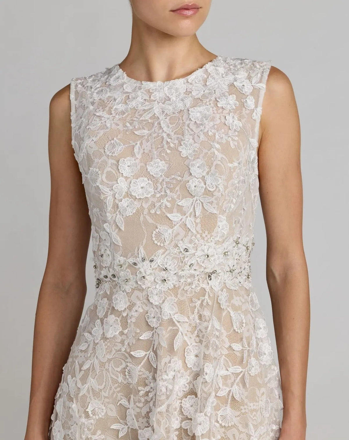 Ivory Nude Floral Embroidered High Neck Midi Dress