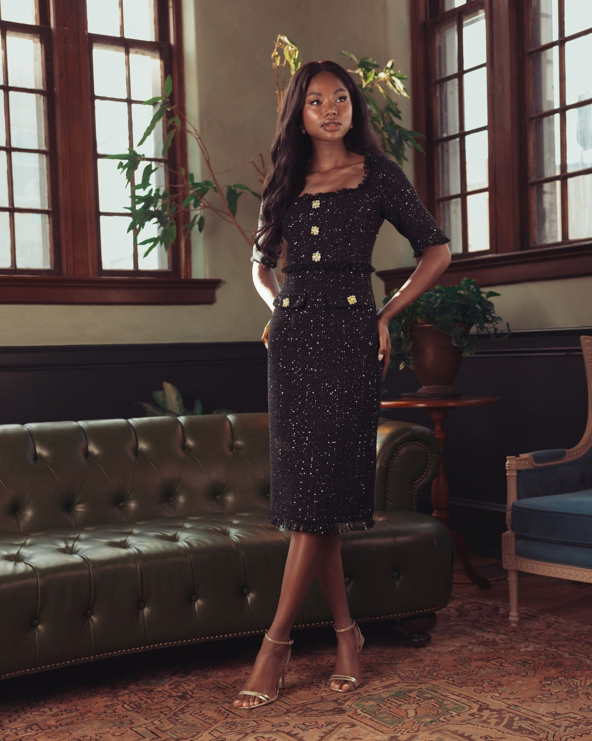 Black Sequin Boucle Midi Dress