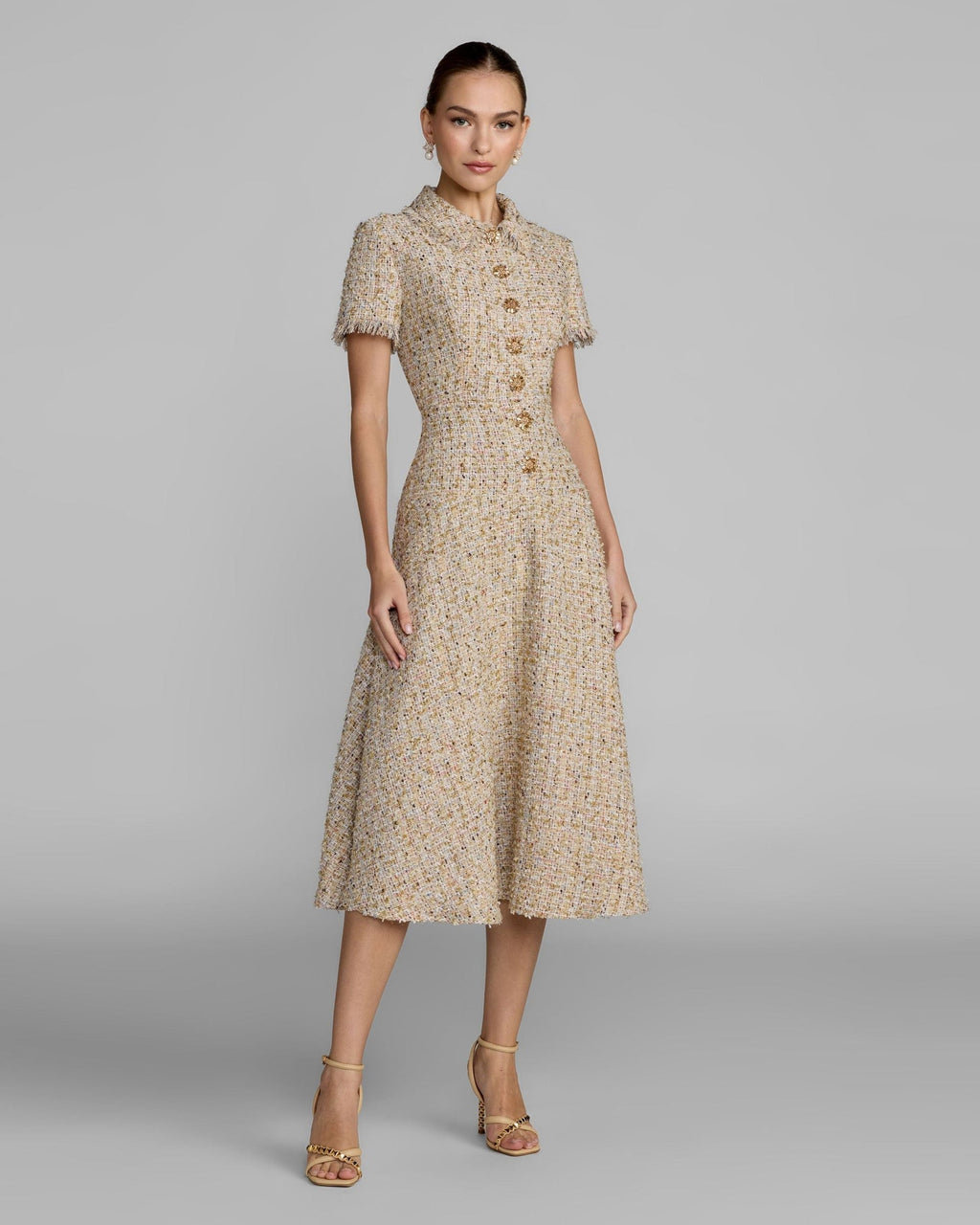 Ecru Multi Boucle Midi Dress with Rhinestone Buttons