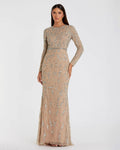 Beige Long Sleeve Beaded Evening Gown