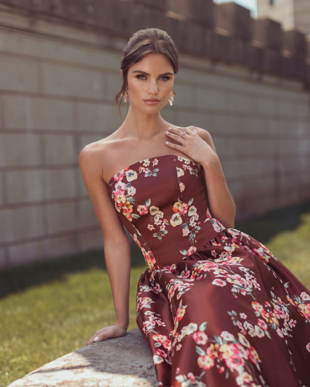 Bordeaux Multi Floral Print Strapless Midi Dress