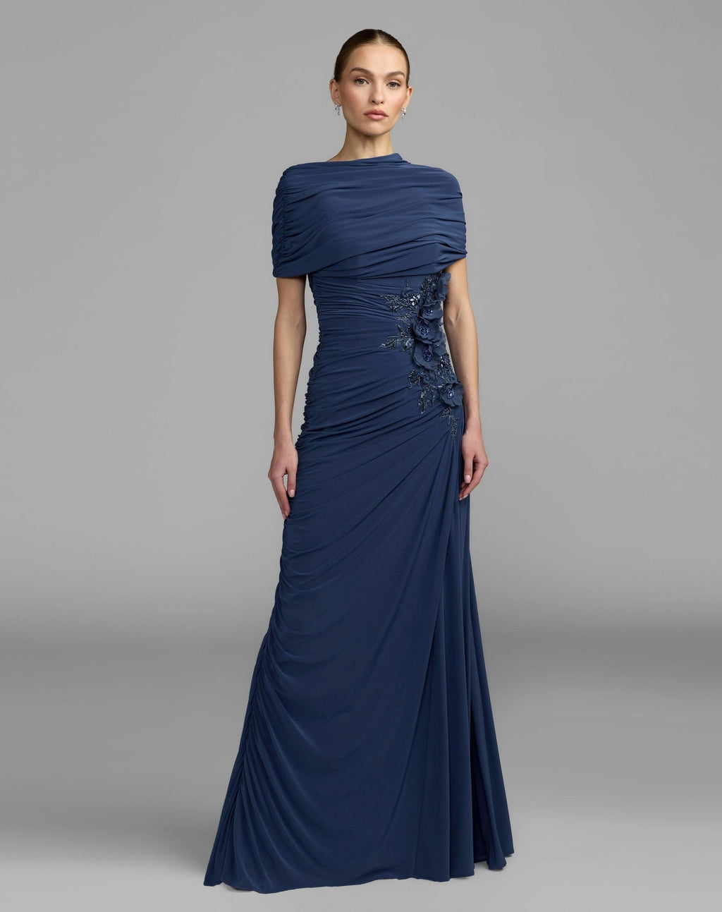 Navy Embellished Jersey Draped Column Gown
