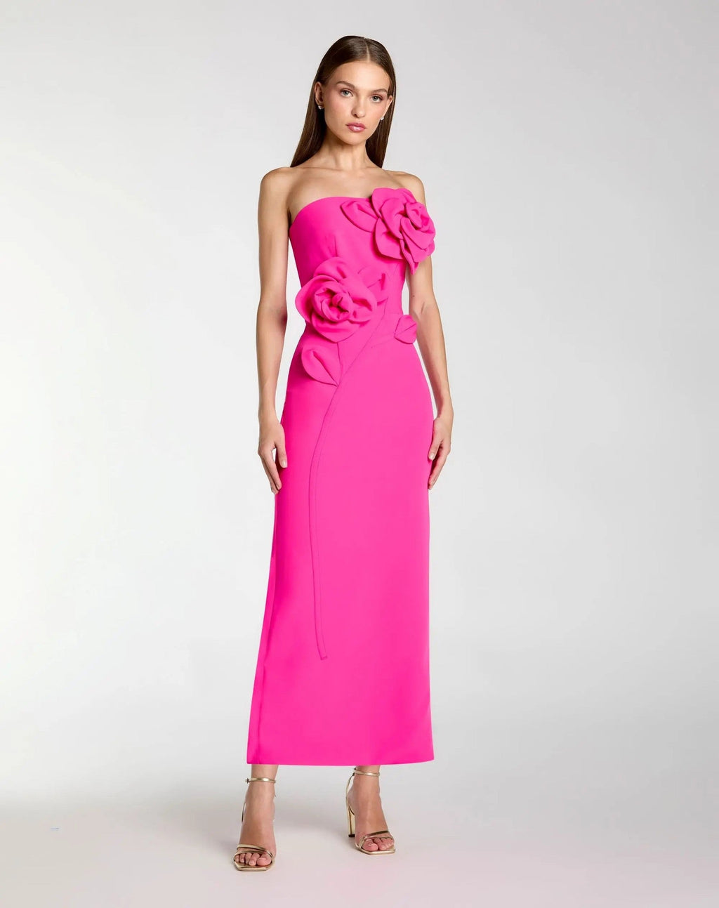 Hot Pink Strapless Crepe Dress With 3D Flower Detail