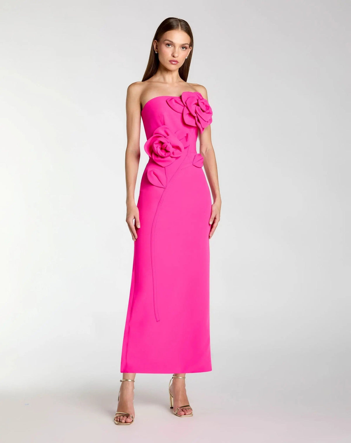 Hot Pink Strapless Crepe Dress With 3D Flower Detail