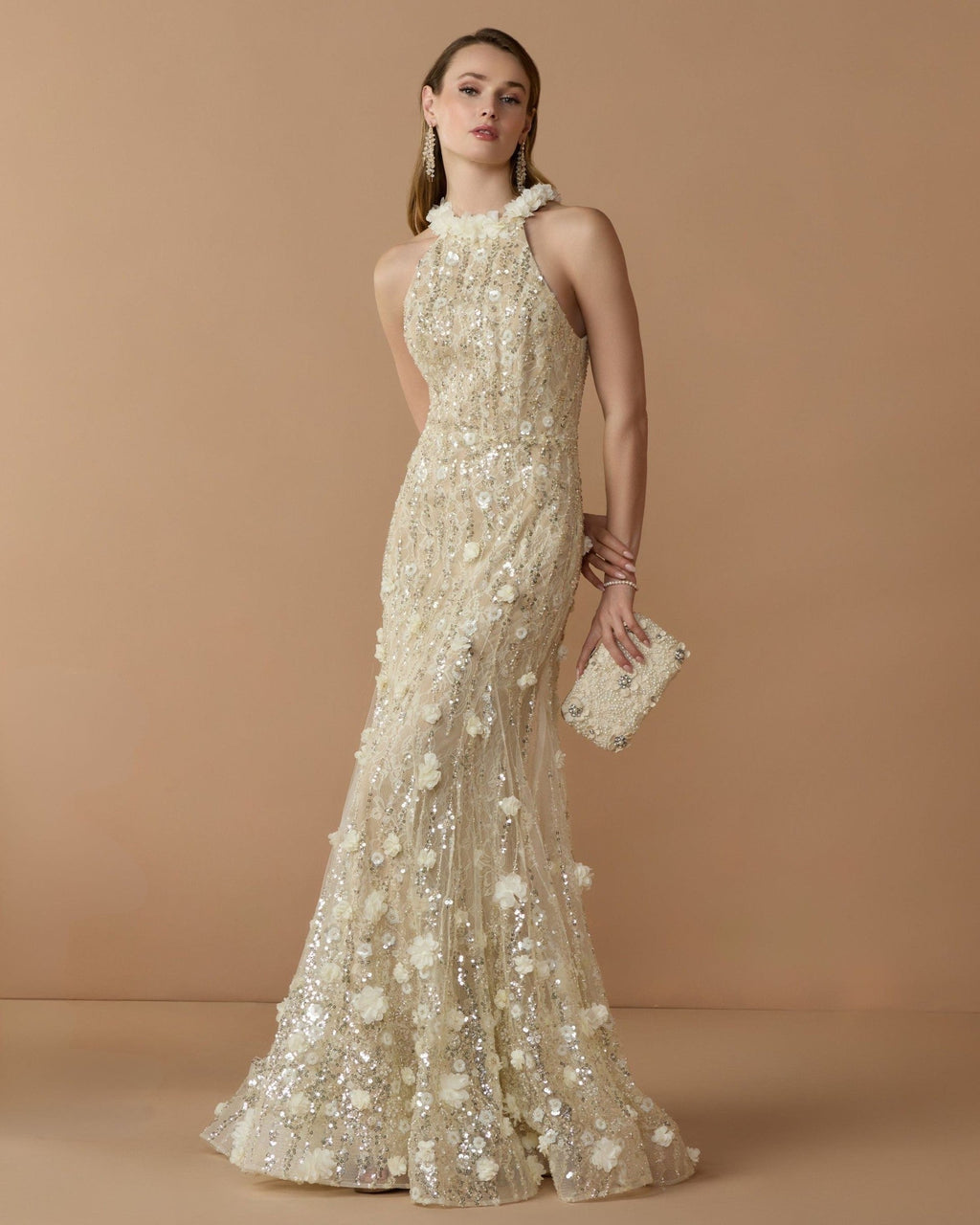 Butter Embellished Lace Halter Neck Mermaid Gown