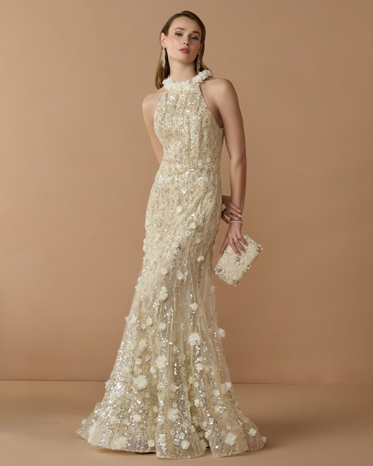 Butter Embellished Lace Halter Neck Mermaid Gown