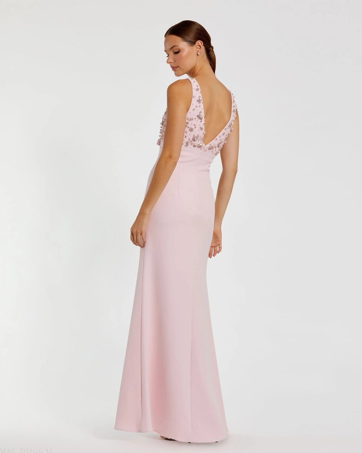 Blush Embellished Deep V-Neck Crepe Gown With Bow