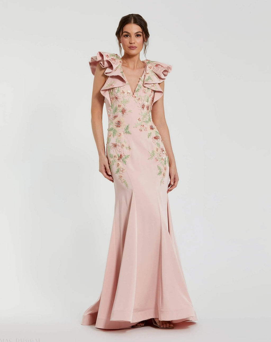 Blush Flutter Sleeve Embellished Mermaid Gown