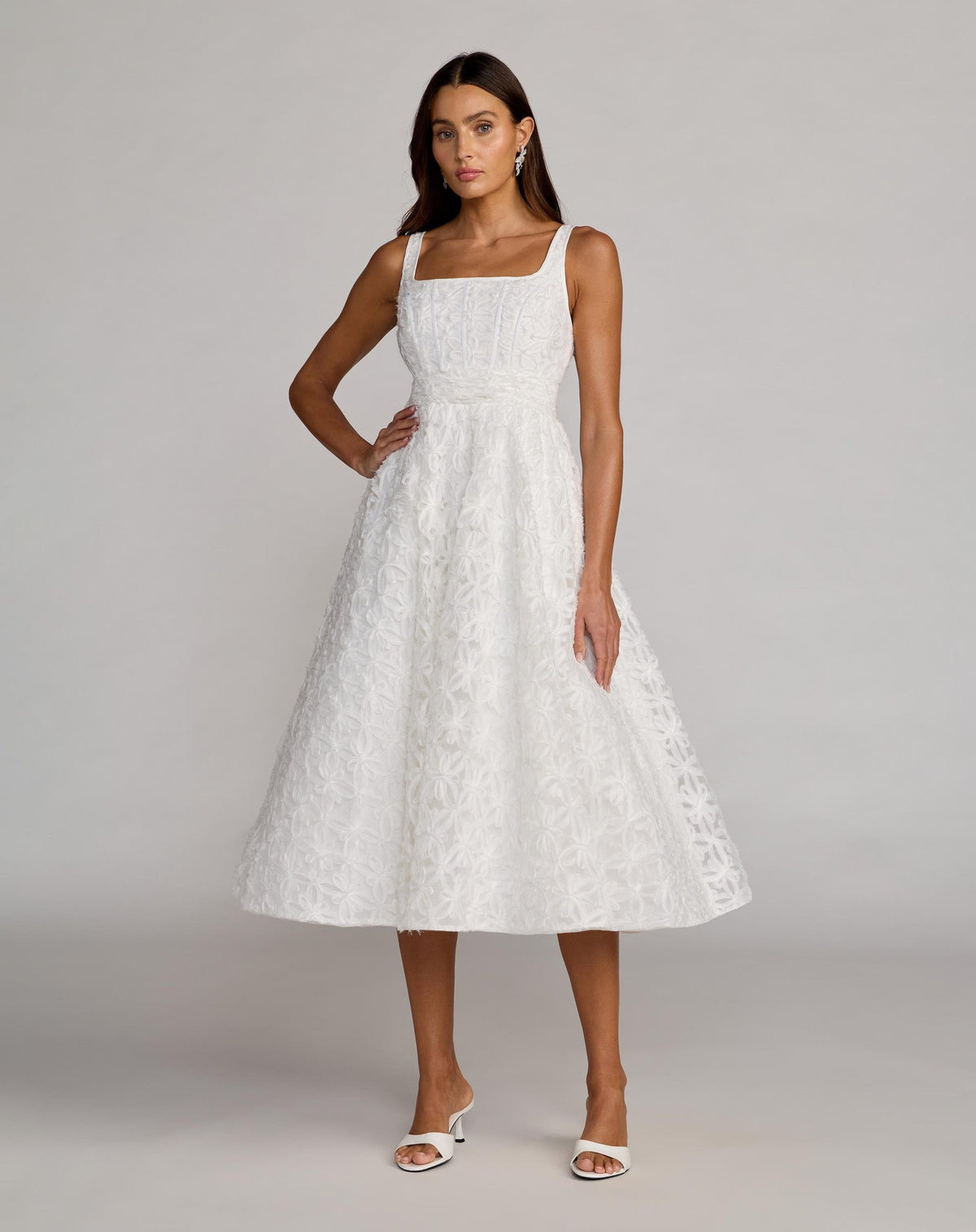 Ivory Tulle Floral Midi Dress With Pockets