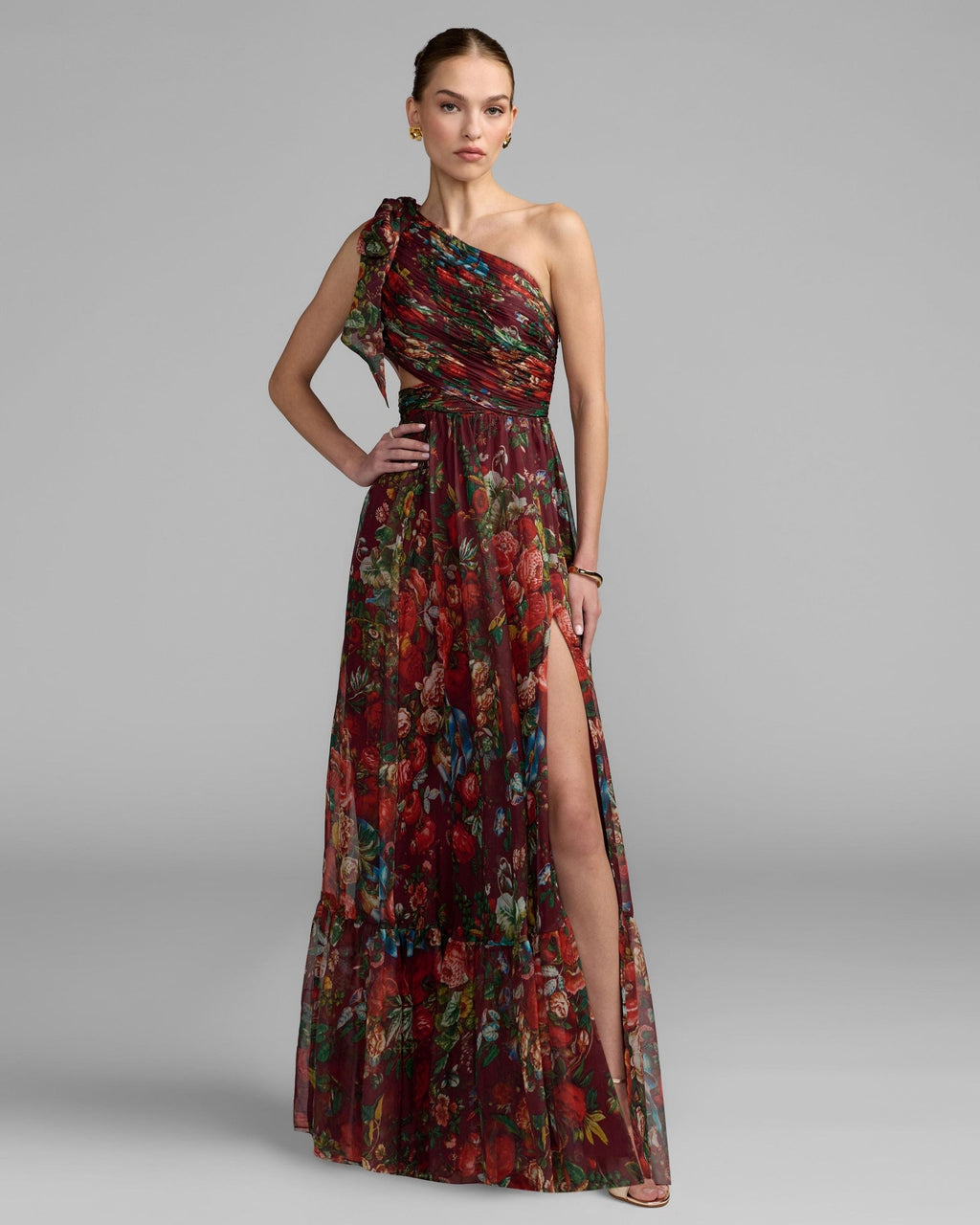 One Shoulder Floral Printed Chiffon Side Cut Out Gown
