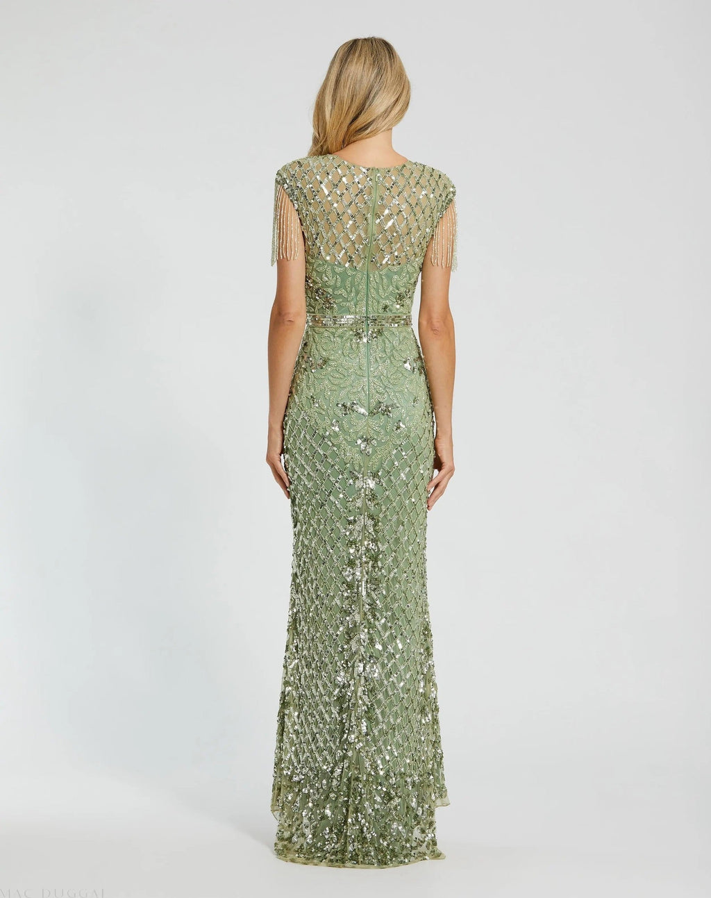 Sage High Neck Beaded Fringe Fitted Gown