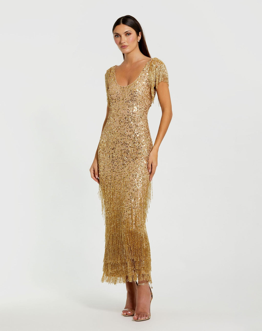 Gold Beaded Fringe Scoop Neck Midi Dress