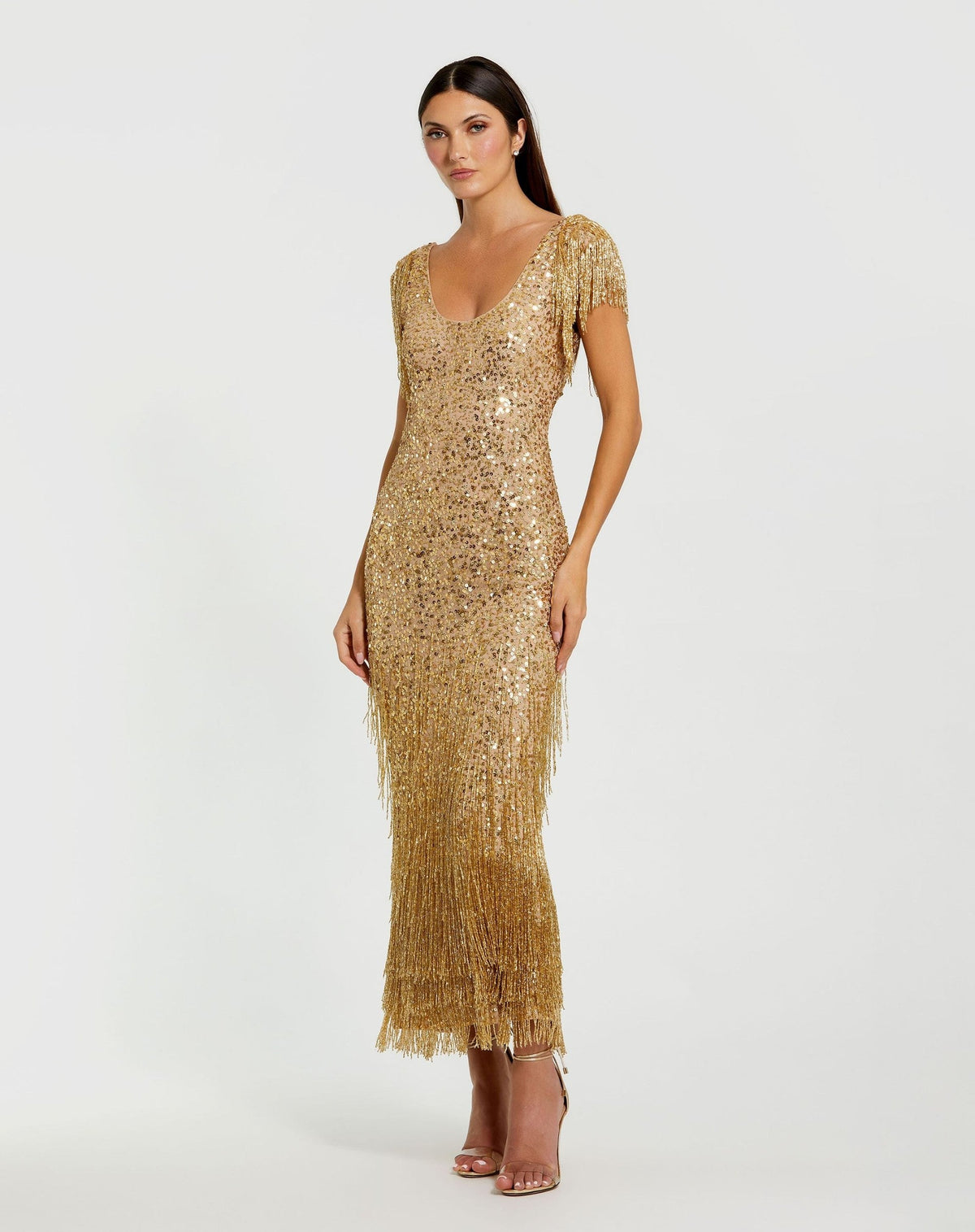 Gold Beaded Fringe Scoop Neck Midi Dress