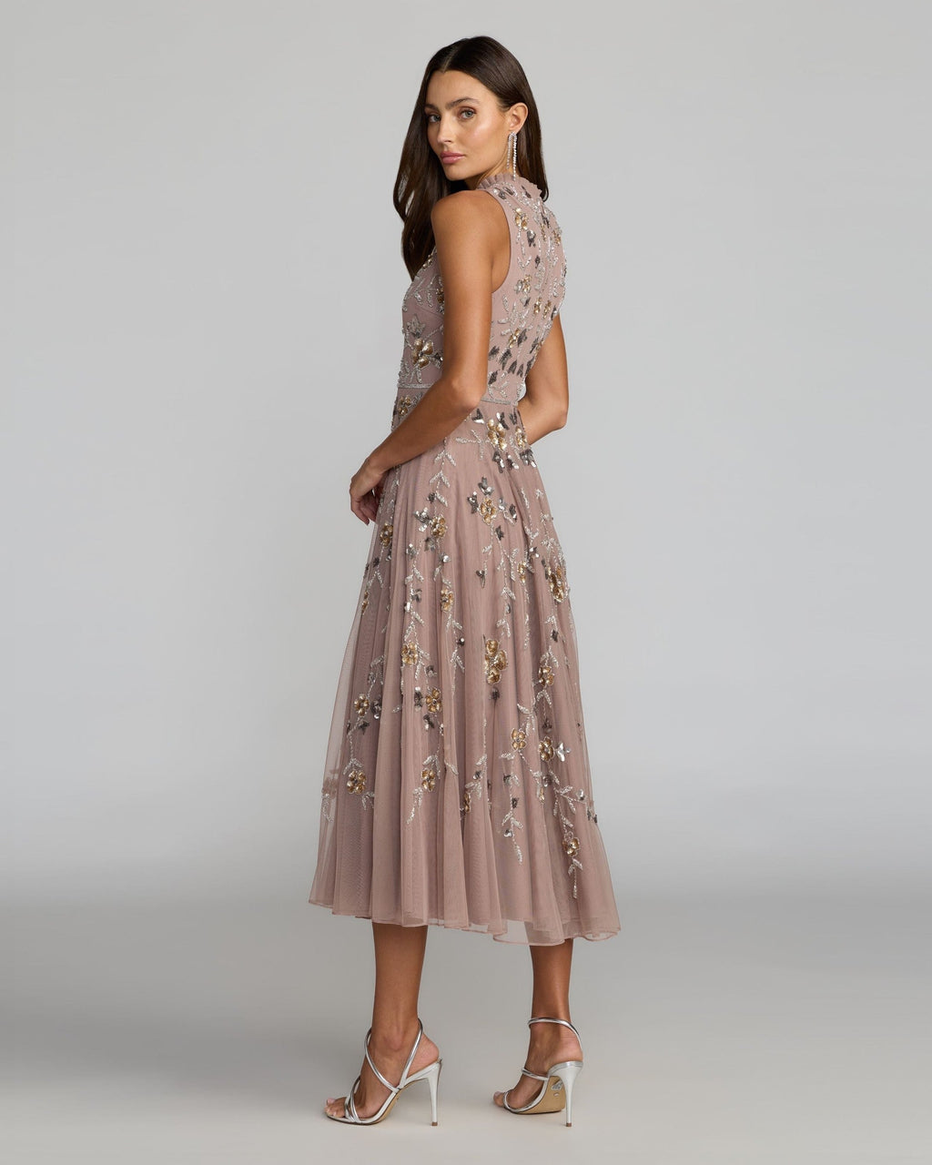 Petite Taupe Embellished High Neck Sleeveless Midi Dress
