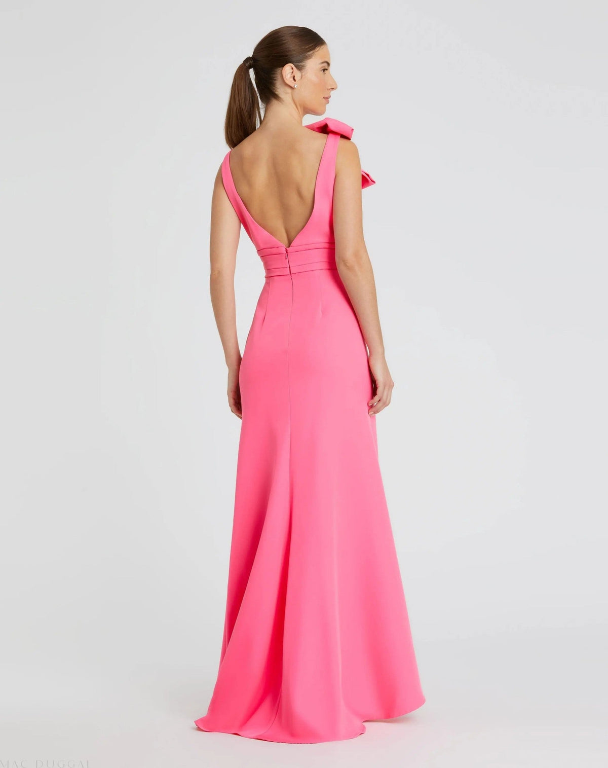 Candy Pink Sleeveless V Neck Bow Detail Mermaid Gown