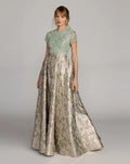 Green Sequin Embellished Floral Jacquard Ball Gown