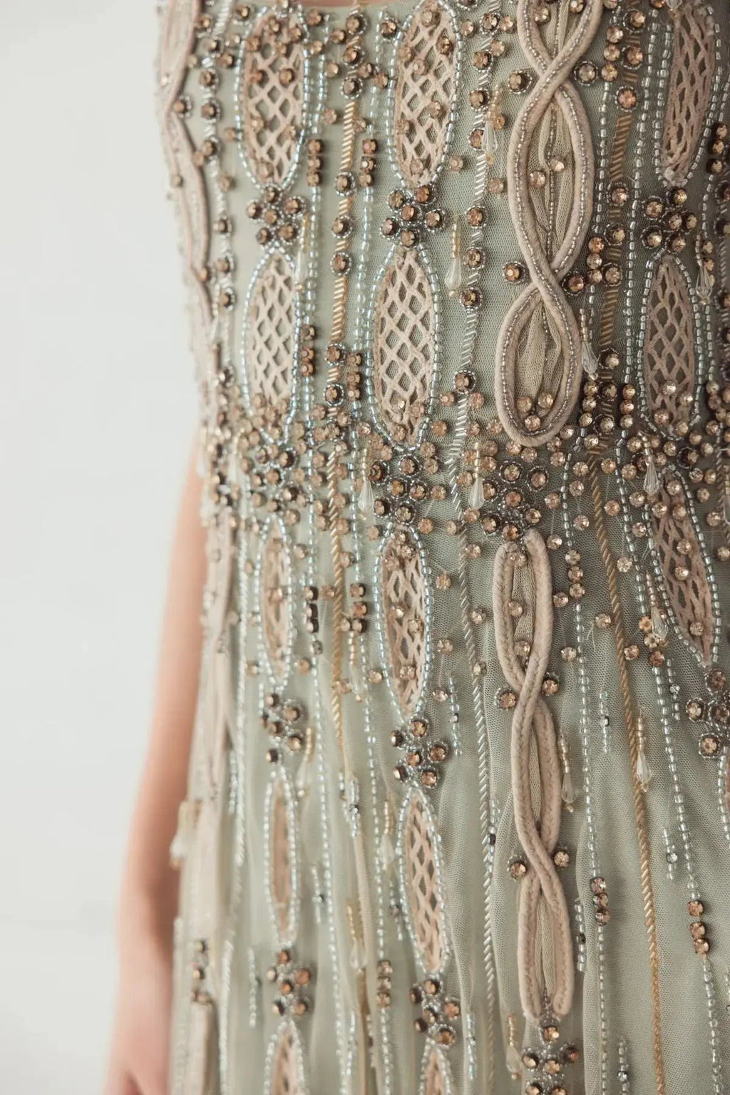 Nude Sage Sleeveless Scoop Neck Embellished Midi Dress
