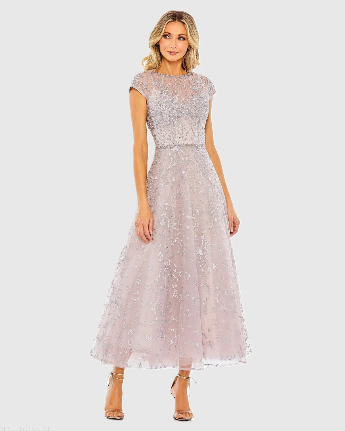 Purple Embellished High Neck Cap Sleeve A Line Dress