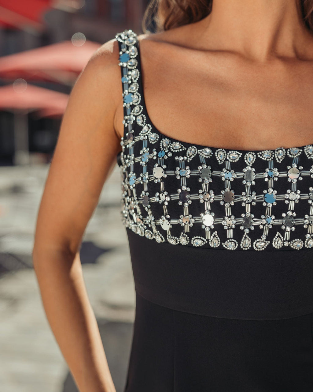 Black Sleeveless Crepe Gown With Embellished Bodice