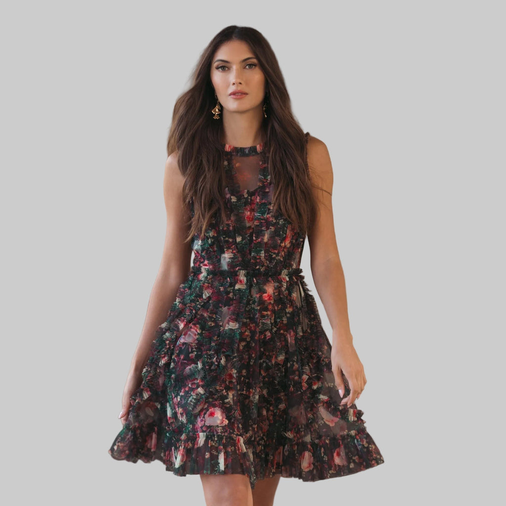 Black Multi Micro Ruffle Floral A-Line Mini Dress