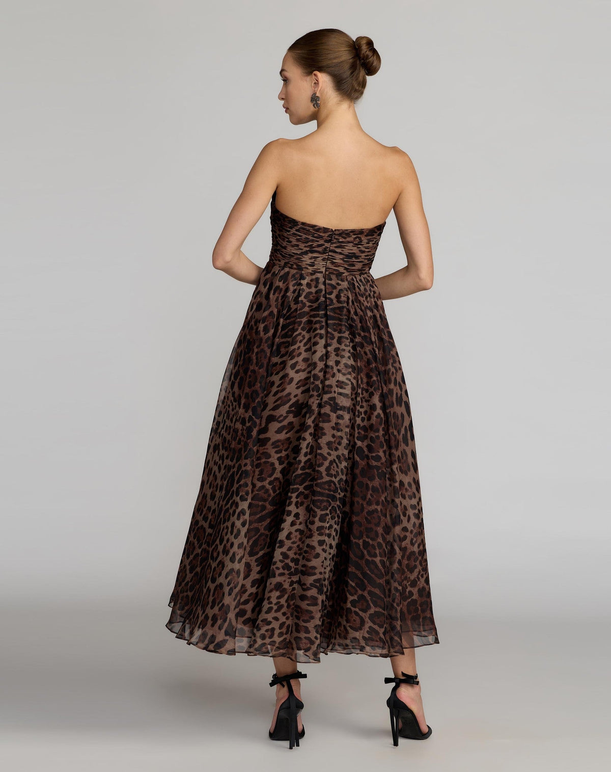 Leopard Strapless A-Line Chiffon Midi Dress