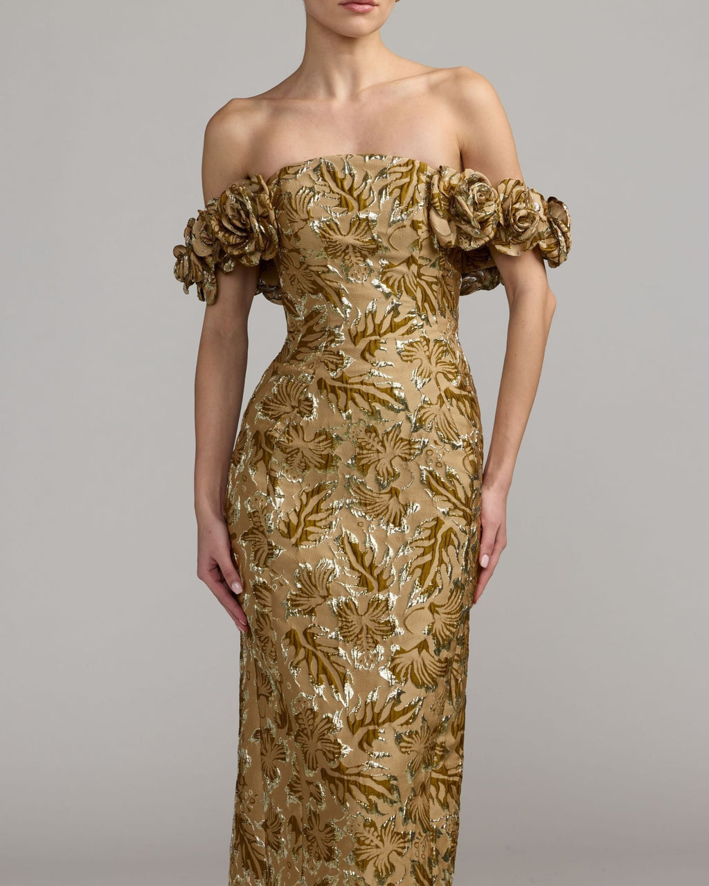 Bronze Multi Off The Shoulder Rosette Column Gown