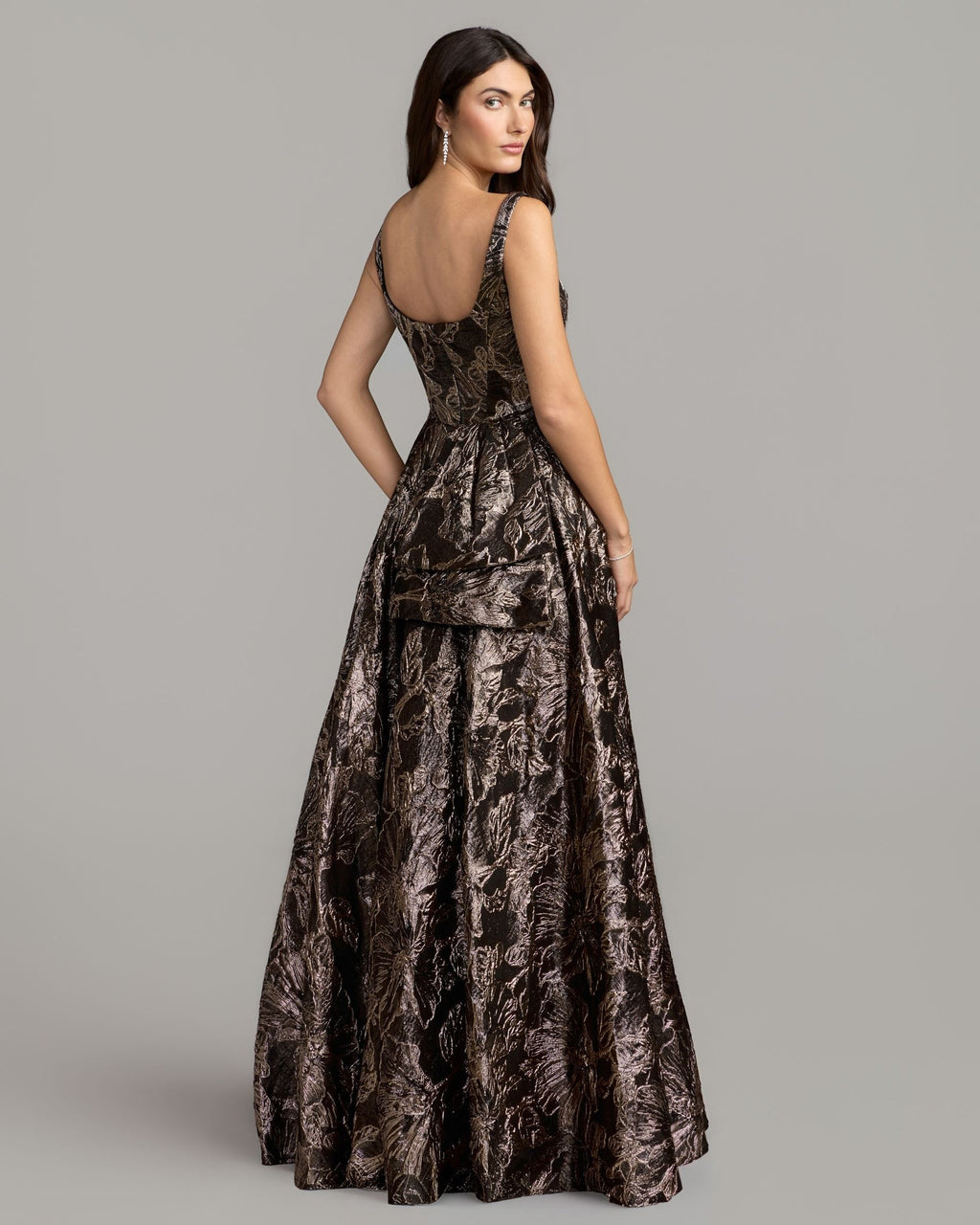 Bronze Metallic Floral Brocade Gown with Overskirt