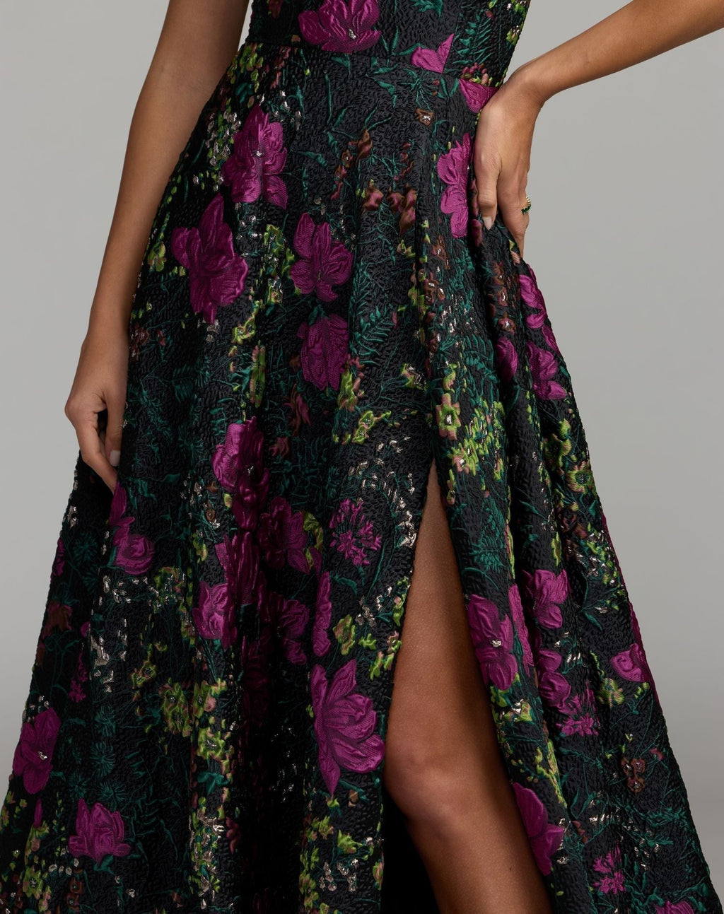 Petite Black One Shoulder Brocade Floral Gown With Bow